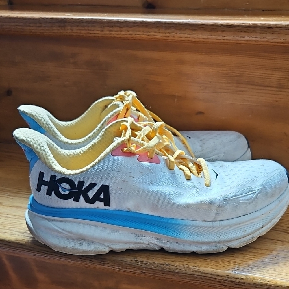 Hoka Clifton SWIM White and Blue Sneakers with Yellow Laces Size 9Wide Womens